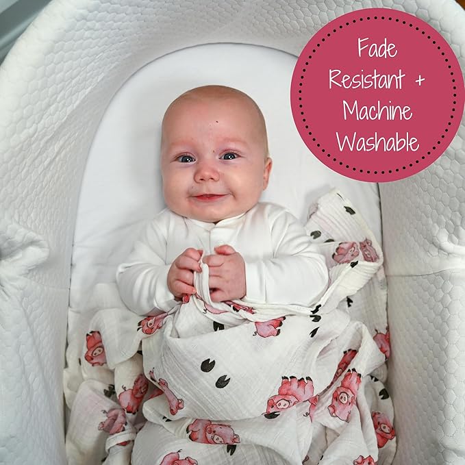 LollyBanks Muslin Swaddle Blankets for Boys and Girls, Large 47 x 47 Inches Baby Blanket, Soft and Breathable 100% Cotton Baby Receiving Blankets, Baby Essentials, Registry (Piggy Farm Theme)