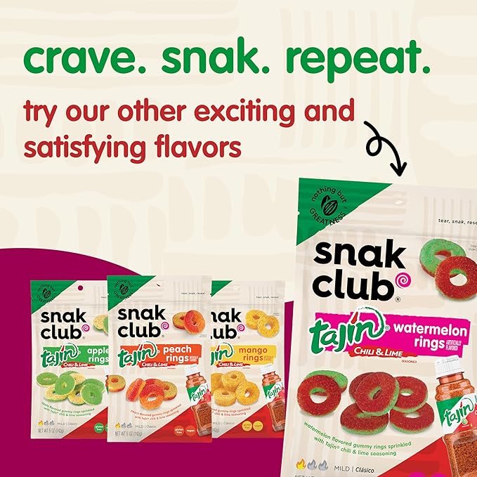 Snak Club Pineapple Rings, Tajin Chili & Lime Seasoned, Sweet and Spicy Gummy Candy, Mild in Heat Bold in Flavor, Low-Fat, Vegan, Gluten-Free Snack, Snack Size, 2.25 Ounce, 12 Count
