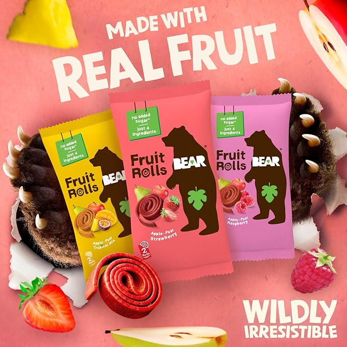 BEAR Real Fruit Snack Rolls - Gluten Free, Vegan, and Non-GMO - Variety Pack (Strawberry, Raspberry, Tropical)) – Healthy School And Lunch Snacks For Kids And Adults, 0.7 Ounce (Pack of 24)