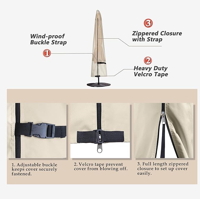 Porch Shield Patio Umbrella Cover - Outdoor Waterproof Garden Market Parasol Covers Fits Market Umbrella 7-10 Feet, Beige