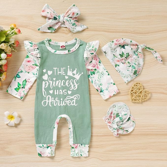GRNSHTS Newborn Baby Girl Romper Infant Letter Print Jumpsuit Floral Bodysuit+Hat+Headband+Gloves Coming Home Clothes Outfits