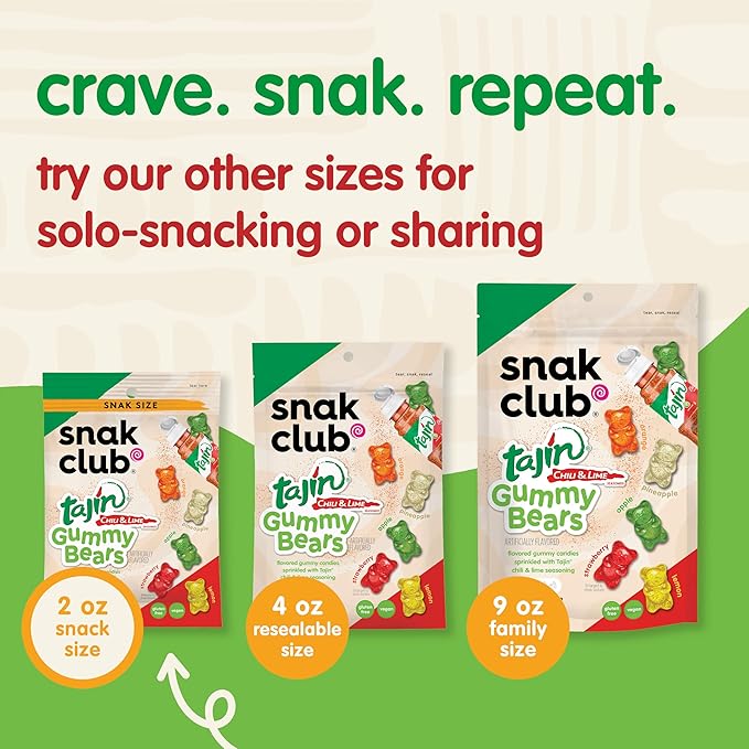 Snak Club Tajin Gummy Bears, Assorted Fruit Candy Gummies with Chili and Lime Seasoning, Mild, Gluten-Free and Vegan Snacks, 2 oz Snack Bags, 12 Pack