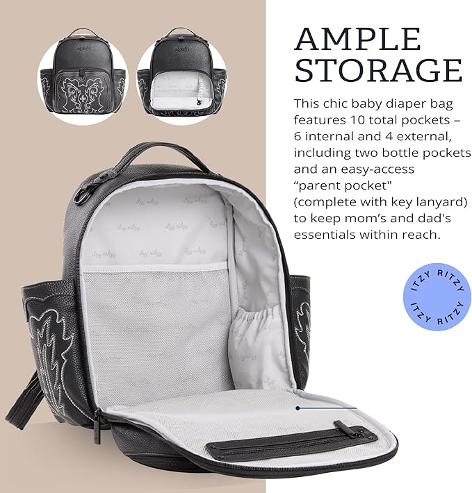 Itzy Ritzy Mini Diaper Bag Backpack – Chic, Compact Mini Plus Backpack with Changing Pad, 10 Pockets (6 Internal, 4 External), Grab-Top Handle & Rubber Feet (Outlaw)