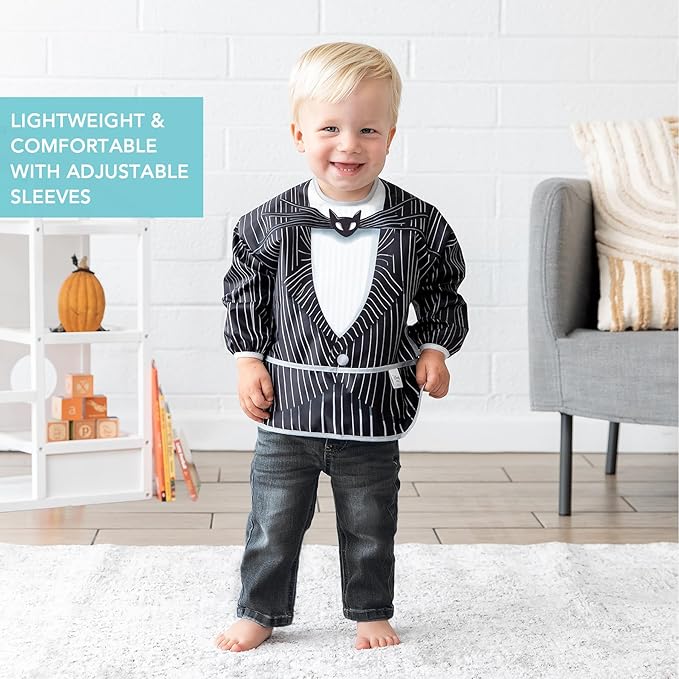 Bumkins Disney Sleeved Bib for Girl or Boy, Baby and Toddler for 6-24 Mos, Essential Must Have for Eating, Feeding, Baby Led Weaning Supplies, Long Sleeve Mess Saving Food Catcher, Jack Skellington