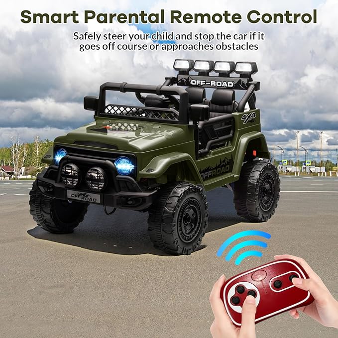 GarveeLife 12V Kids Ride On Car, Ride On Toy for Kids Ages 37-96 Months, Electric Truck with 5MPH Max Speed, Remote Control, Steering Wheel, Accelerator Pedal, Treaded Tires, Music and Story, Green