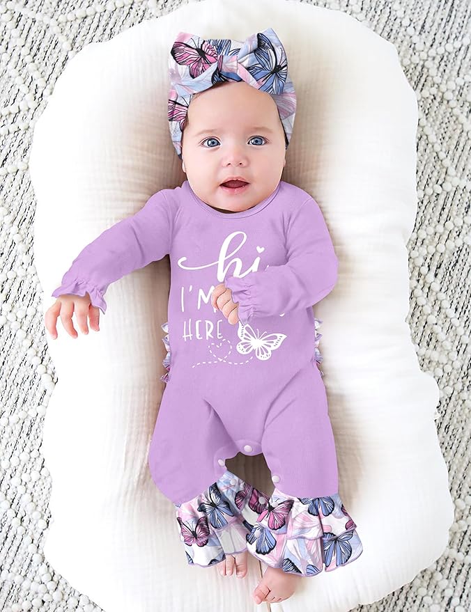 AGAPENG Newborn Girl Clothes Ruffle Letter Print Romper Infant Bell Bottom Jumpsuit Boho Baby Girl Clothes with Headband Hat