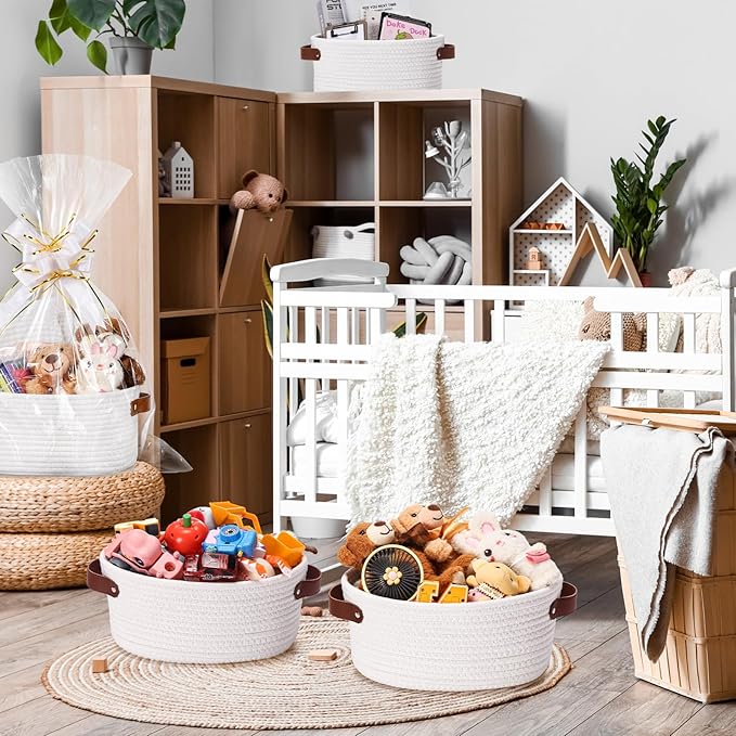 3 Pack Small Woven Basket for Gifts with Handles Clear Bags and Ribbons Empty Storage Basket Decorative Chest Box for Birthday Present Baby Shower Wedding(White,12"x 8"x 5")