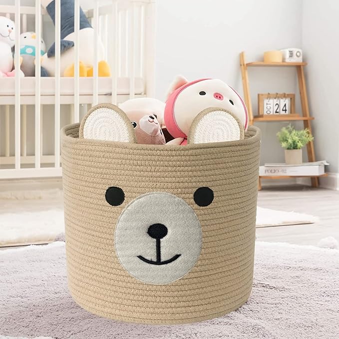 Bear Laundry Baskets Laundry Hamper Storage Baskets with Handles,Decorative Basket for Living room,Woven Storage Basket for Toys Bin Pillows Blankets Clothes (Khaki - Version 2)