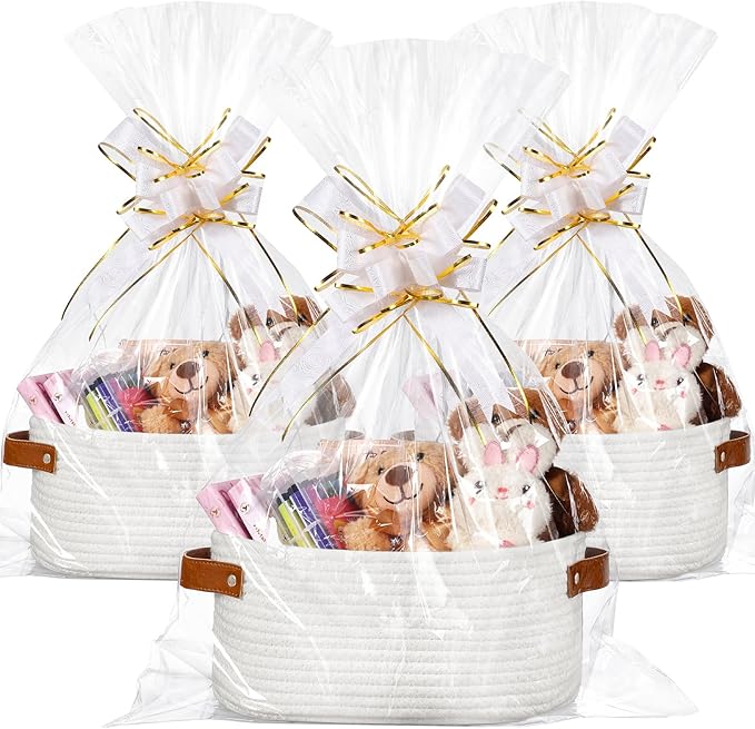 3 Pack Small Woven Basket for Gifts with Handles Clear Bags and Ribbons Empty Storage Basket Decorative Chest Box for Birthday Present Baby Shower Wedding(White,12"x 8"x 5")