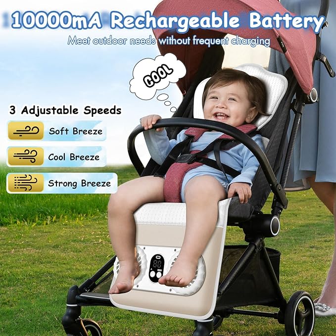 TRELC Baby Stroller Cooling Pad with 2 Fans, 3 Speeds Cooling Cushion, 10000mA Rechargeable Battery, Timer Setting, Breathable & Washable Cooling Pad Liners for Stroller Crib Summer Baby Essentials