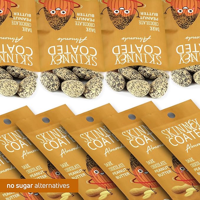 Skinny Coated Dark Chocolate Peanut Butter Snacks, Peanut Butter Covered Almonds Healthy Chocolate Snacks in Bulk - Skinny Almonds, Kosher, Gluten Free Sweet Snacks for Adults, 1.2Oz Bag, 6 Pack