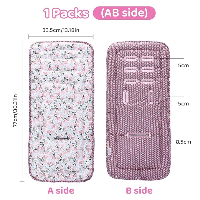 Baby Stroller Cushion,Infant Car Seat Insert-Reversible Universal Breathable and Soft Newborn Stroller Mat,100% Cotton Cover Toddler Seat Pad Liner-34x78cm,1 Pack(Pink Tulip+Pink Triangle)