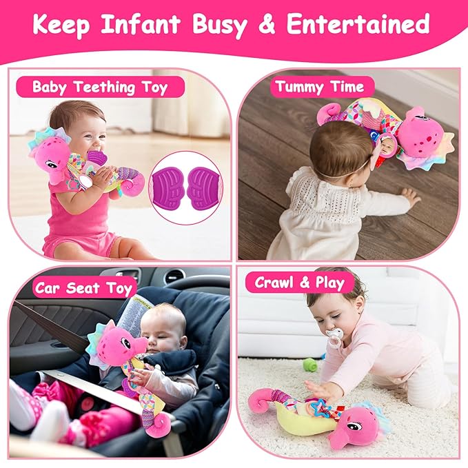 Baby Sensory Toys 0-6 3-6 Months Musical Stuffed Animal Plush Pink Seahorse for Infant 6-12 Month Tummy Time with Baby Mirror Newborn Crinkle Developmental Toy Girls Boys Birthday Gifts 0-3 4 5 Month