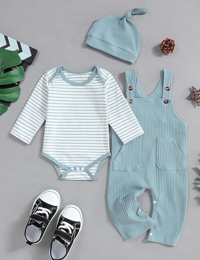 oklady Baby Boy Clothes Stripe Pattern Print Romper Top and Baby Overalls with Hat 0-18 Months Baby Boy Outfits