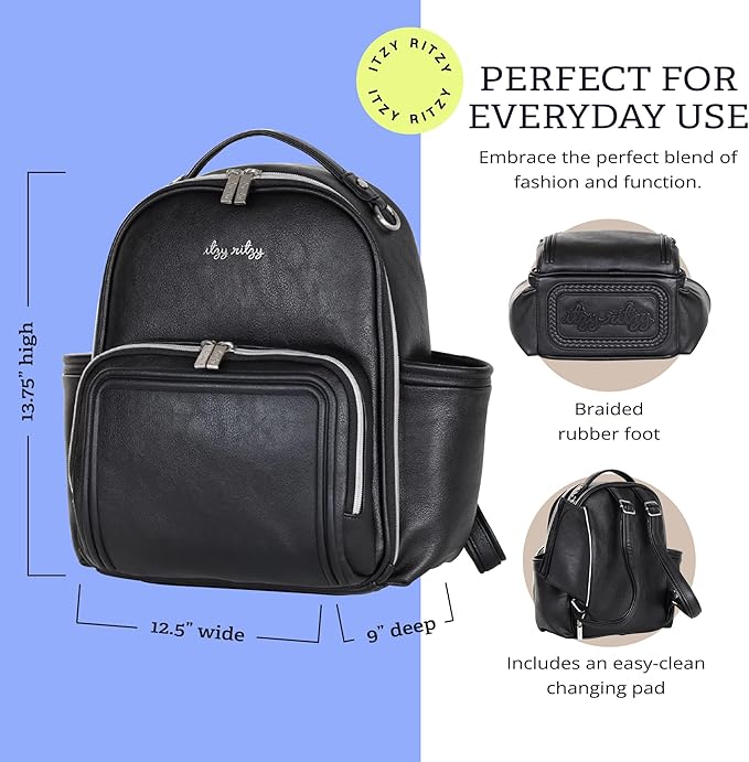 Itzy Ritzy Unisex Baby Mini Diaper Bag, Black with Silver Hardware-Plus