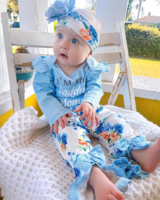 SUNNY PIGGY Newborn Baby Girl Clothes Infant Outfits Romper Floral Fall Outfit Bell Bottoms Pant Sets Hat Headband Flowerpant