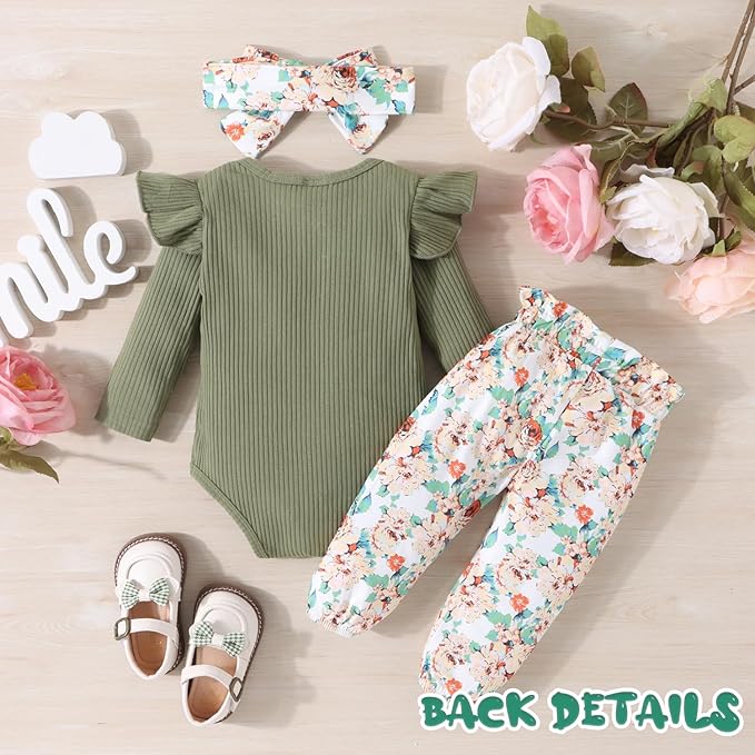 GDTOGRT Baby Girl Clothes Newborn Infant Outfits Ruffle Romper+ Floral Pants + Cute Headband Sets for Girls