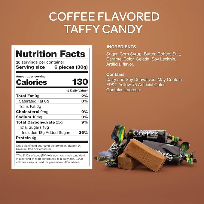 Brazilian Coffee Flavored Taffy Candy - 2 Pound Bulk Pack (About 165 Count) - Individually Wrapped