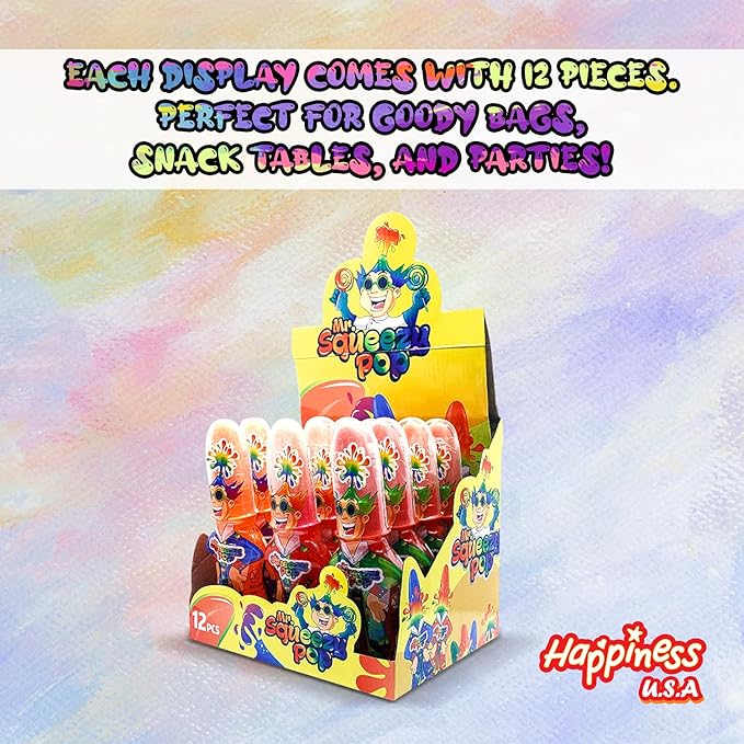 Happiness USA Mr. Squeezy Pop Sour Candy Variety Pack of 12 | All-Natural Kosher Squeeze Candy Blue Raspberry, Apple & Strawberry Flavors w/No Artificial Color | Dye Free Suckers & Lollipops for Kids