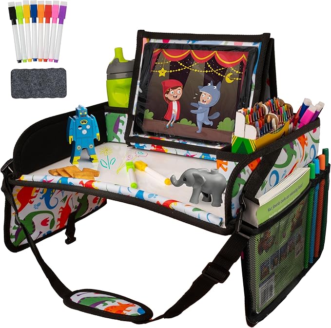 Lusso Gear Kids Travel Tray for Car Seat - Dinos, Oxford Cloth & Plastic - Dry-Erase Tablet Holder with Cup Holder & Storage - Road Trip Essentials & Plane Activity Tray