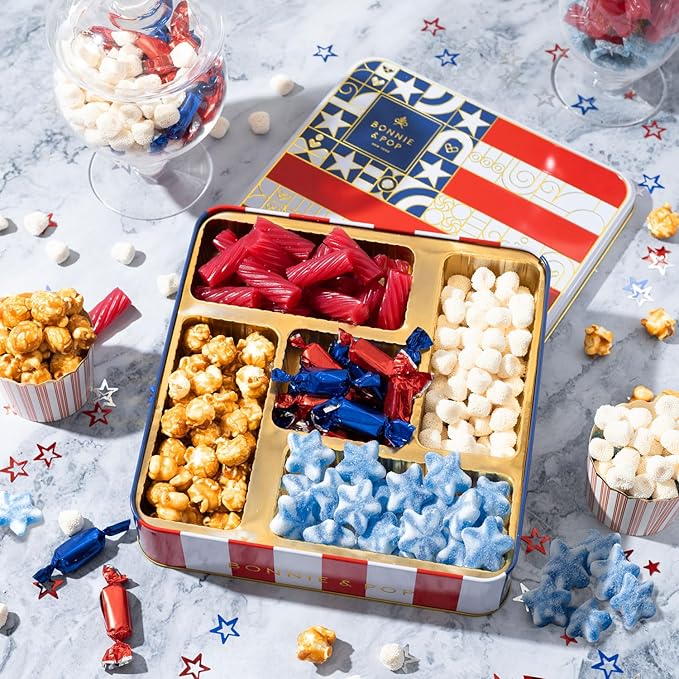 Gift Basket– Sweets Include Soft Licorice, Gummy Stars, Champagne Bubbles, Caramel Popcorn & Foiled Caramels – America Summer Candy Sampler- Memorial Day Tin- Bonnie & Pop
