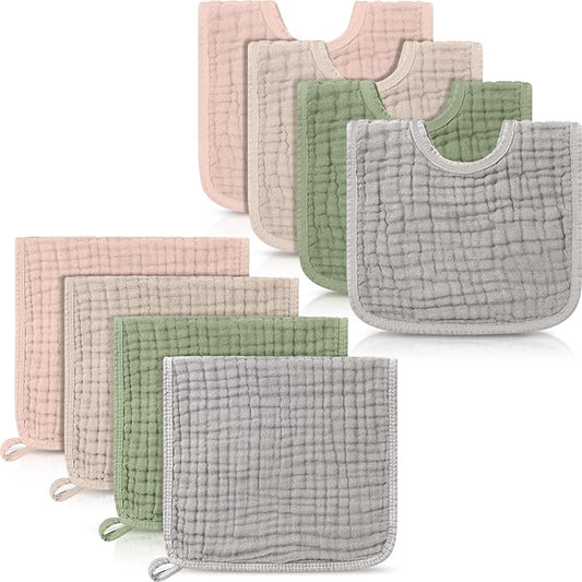 Tallew 8 Pack Baby Bibs and Muslin Burps for Baby Boy Girl Drooling and Teething 20" x 10" Burp Cloths Absorbent Rag Soft Cotton Bibs for Newborn Toddler Infant 0-24 Month Essentials(Vivid Color)