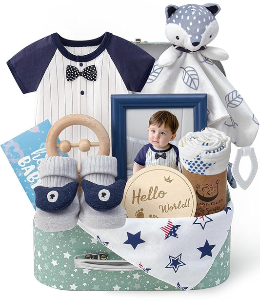 Golray Baby Boy Gifts for Baby Shower, 10pcs Newborn Essential with Fox Lovey/Blanket/Onesie/Wooden Rattle/Socks/Bib/Suitcase, Welcome Baby Gift Box Gender Reveal Infant Boy Gift Basket Set 0-6 Month