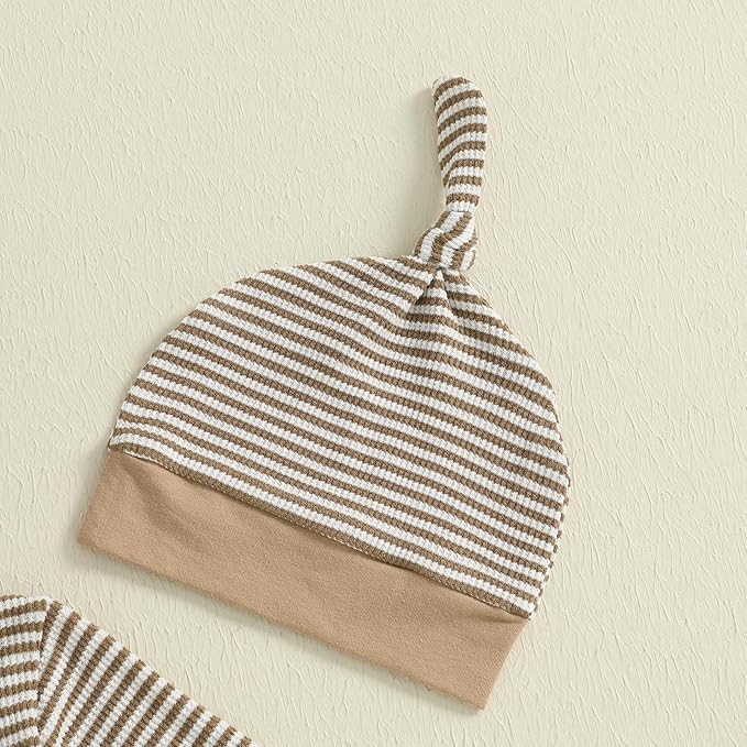 fhutpw Newborn Baby Boy Clothes Ribbed Knit Bodysuit 3 6 Months Infant Fall Long Sleeve Splicing Color Romper Jumpsuit & Hat