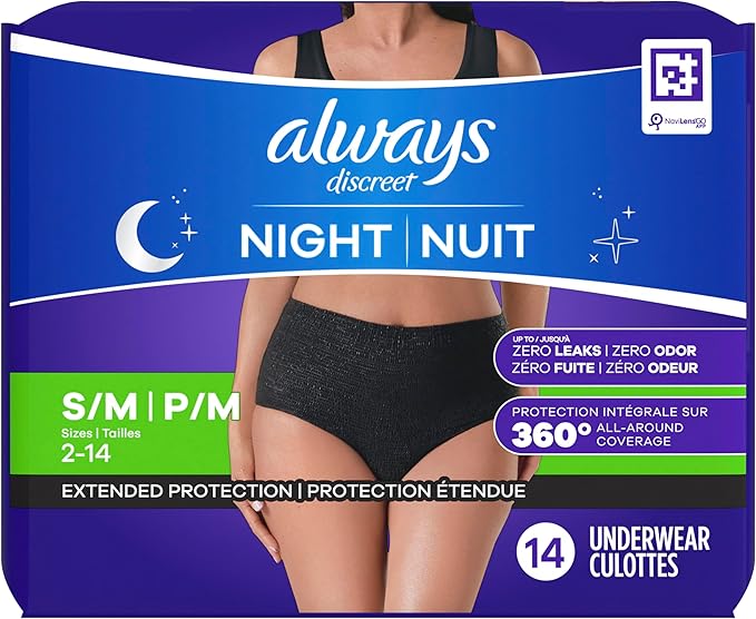 Always Discreet Adult Incontinence Overnight Underwear for Women, Small/Medium, Up to 100% Bladder Leak Protection, 14 Count