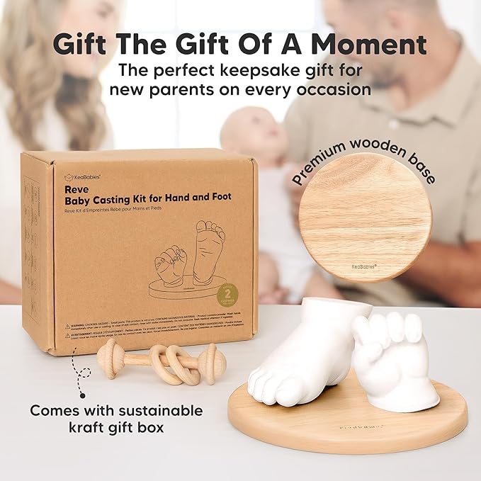 KeaBabies Baby Casting Kit Hands and Feet Mold - 3D Newborn Hand Casting Kit & Stylish Wood Base, Easy DIY Infant Foot Molds 0-9 Months, BPA-Free Baby Keepsake, Shower Gifts for Moms (Round, Ash Wood)