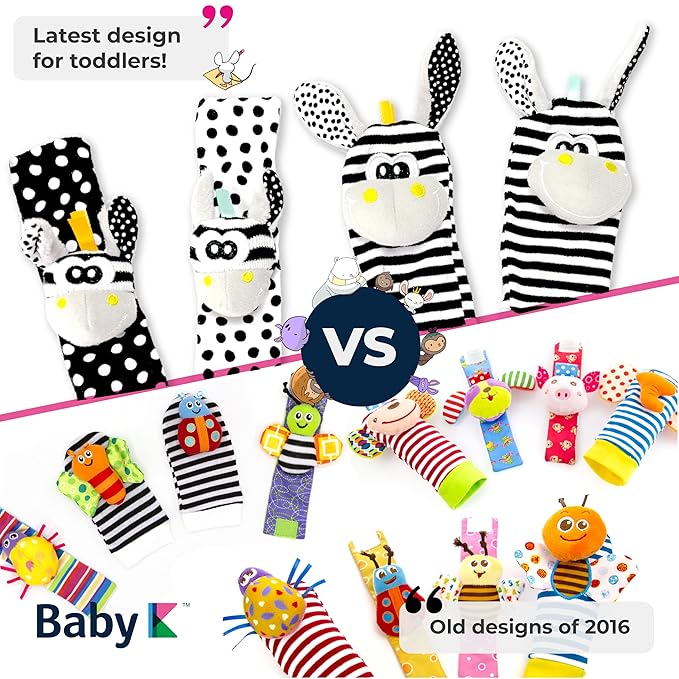 BABY K Foot Finder Socks & Wrist Rattles (Set J) - Newborn Toys for Baby Boy or Girl - Brain Development Infant Toys - Hand and Foot Rattles Suitable for 0-3, 3-6, 6-12 Months Babies