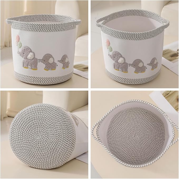 Baby Toy Basket Laundry Hamper Blanket Baskets Cute Elephant Nursery Storage Basket, Woven Cotton Rope Nursery Organization Bins For Girls Boys Kids Baby Shower Gifts Baskets