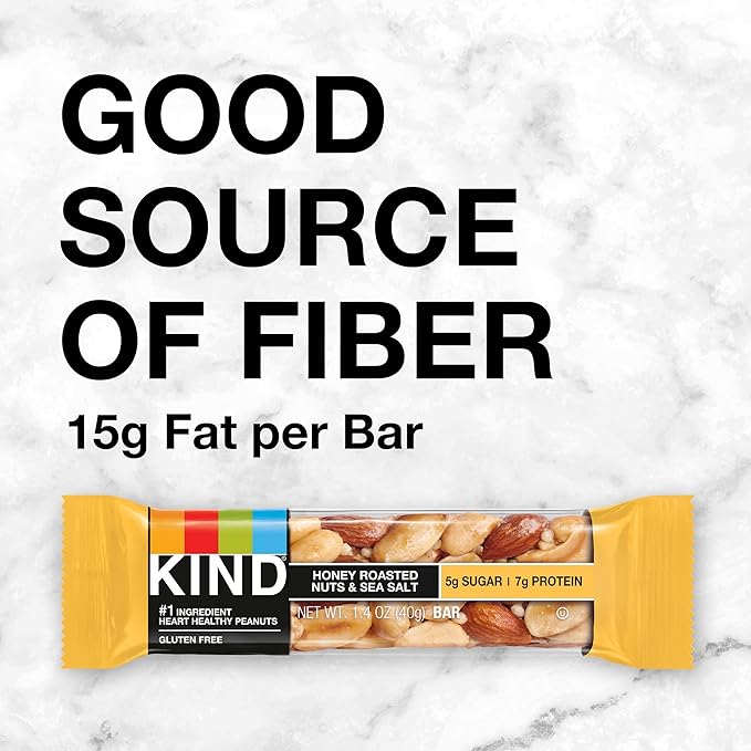KIND Nut Bars, Honey Roasted Nuts & Sea Salt, Good Source of Fiber, Gluten Free, Low Sugar, 7g Protein, 12 Count