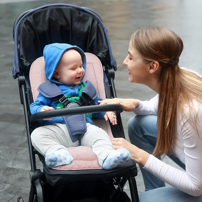 Baby Stroller Cushion, Infant Car Seat Insert-Universal Breathable and Soft Newborn Stroller Mat-100% Cotton Cover Toddler Seat Pad Liner for Stroller, 34x78cm,1 Pack（Grey+Pink）