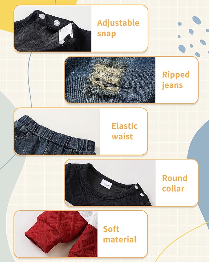 NZRVAWS Toddler Baby Boy Clothes Pullover Sweater Ripped Jean Sweatsuit Little Boy Outfit Fall Winter Clothing Set 6M-7T
