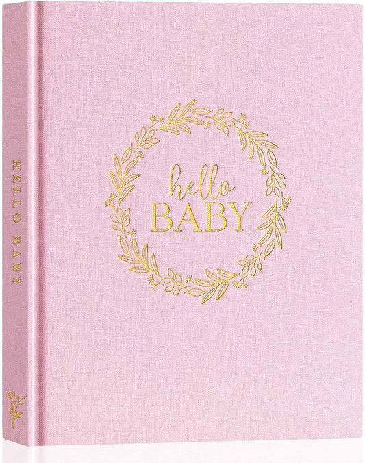 Lanpn Hello Baby Memory Book for Boy Girl - Linen Cover Baby Book Memories Keepsake for New Parents - Newborn Baby First 5 Year Journal Scrapbook Photo Album Baby Milestone Book (Pink, 154 Pages)
