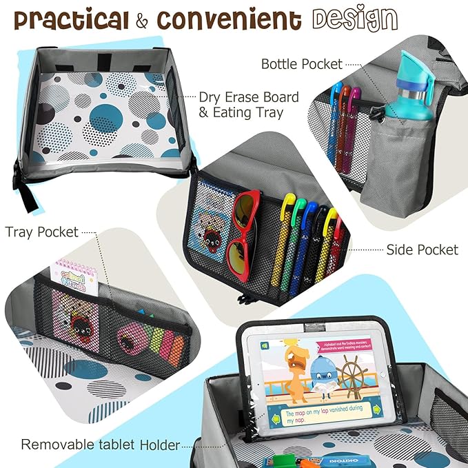[New Version] Car Seat Organizer Kids Travel Tray for Kids Toddlers Activities in Car Seat, Stroller, Airplane | Touch Screen iPad Holder | Waterproof Dry Erase Top | Side Pocket & Water Bottle Holder