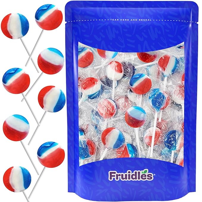 Patriotic Striped Cherry Lollipop Suckers, USA Patriotic Red, White & Blue, Hard Candy Treats, Kosher Certified, Individually Wrapped (300 Count (5LBS) Bulk)
