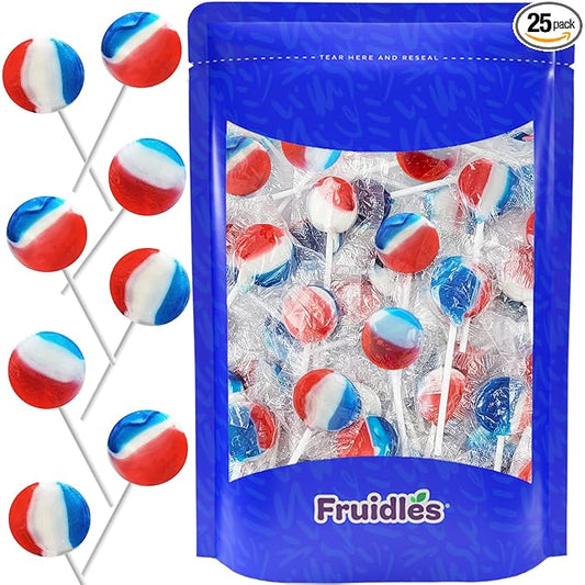 Patriotic Striped Cherry Lollipop Suckers, USA Patriotic Red, White & Blue, Hard Candy Treats, Individually Wrapped (25 Count (Half Pound))