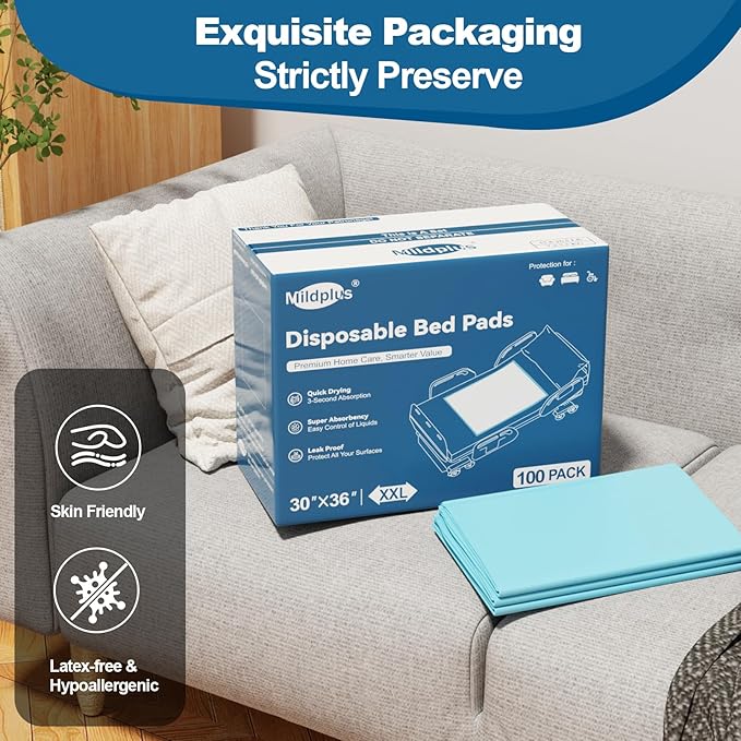 50 Count Disposable Bed Pads 30''X36'' MILDPLUS Super Absorbent Underpads, Disposable Extra Large Chucks Pads Incontinence Pads for Adults and Kids, Dog Training Pads
