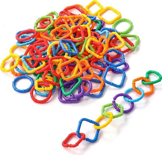 RAINBOW TOYFROG Baby Links Rings - 35 Geometric Linking Chains for Infants & Toddlers - Safe Teething and Sensory Development Toys - Car Seat & Stroller Accessories