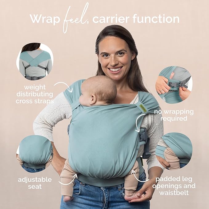 Boba Bliss Pre-Wrapped Baby Carrier with Buckle - Newborn to 7-35 lbs Light, Breathable & Easy to Adjust Hybrid Infant Sling & Toddler Carrier - Certified Hip-Healthy for 0-18 Months - Sea Mist