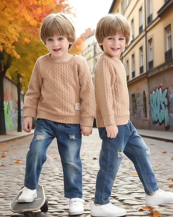 NZRVAWS Toddler Baby Boy Clothes Pullover Sweater Ripped Jean Sweatsuit Little Boy Outfit Fall Winter Clothing Set 6M-7T