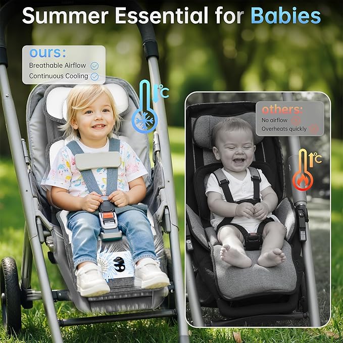 Baby Stroller Cooling Pad with Dual Turbo Blower,10000mAh Rechargeable Battery Powered Cooling Cushion, 3-Speed, Max 10H Runtime, Baby Summer Essential Car Seat Liner for Stroller Car Seat Crib