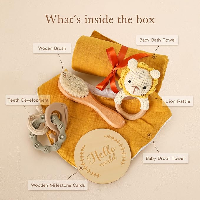 YOUUYS Baby Gift Set for Newborn - Baby Essential Bath Basket Gift Set with Baby Blanket Baby Rattle Teether Toy & Hair Brush Newborn Shower Gift for Baby Girls Boys 6PCS (Lion)