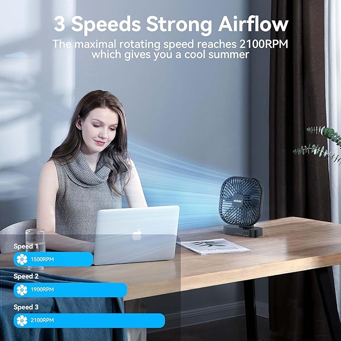 shinic 5 Inch Desk Fan - AA Battery Operated,Ultra-Quiet 6-Blade Table Fan with Timer, 3 Speeds, Adjustable Tilt for Bedroom, Office, Outdoor Travel (Black, No Batteries Included)