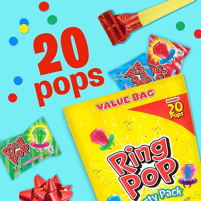 Ring Pop Lollipops - Bulk Candy Individually Wrapped Suckers Variety Party Pack- 20 Count w/ Assorted Flavors - Hard Candy for Party Favors, Kids & Goodie Bags