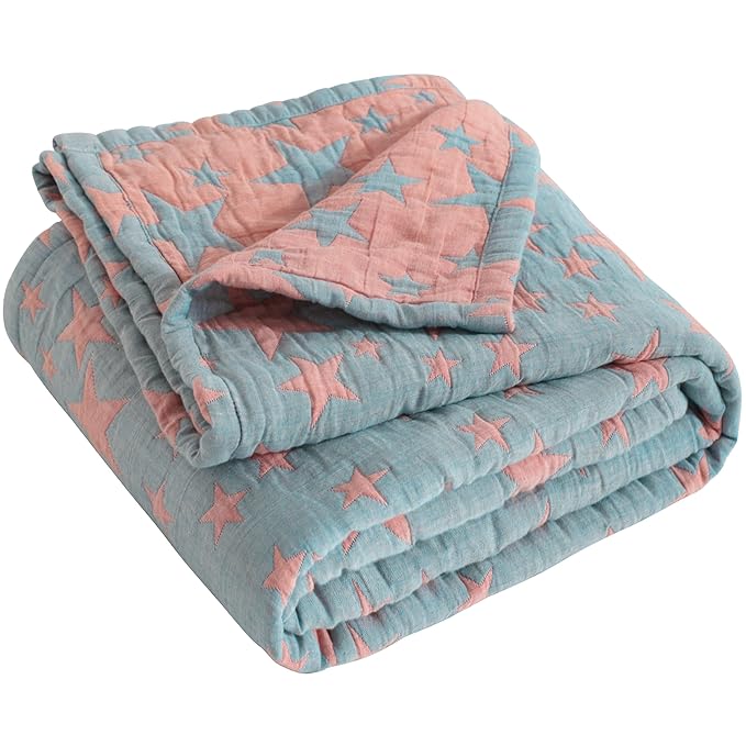 NTBAY 3 Layer Toddler Blanket, Muslin Cotton Jacquard Bed Blankets, Lightweight Thermal Baby Blanket, Super Soft and Warm Crib Blanket for All Seasons, Decoration Gift, 30"x40", Red and Blue Star