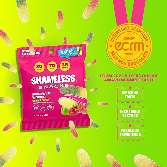 Shameless Snacks - Healthy Low Calorie Snacks, Low Carb Keto Gummies (Gluten Free Candy) - 6 Pack Wild Worms