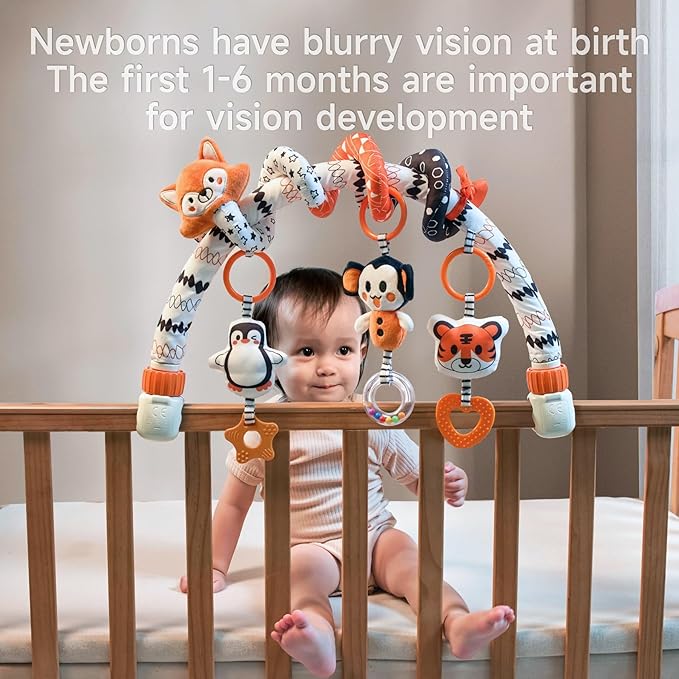 TUMAMA Black and White Baby Stroller Arch Toys, Removable Spiral Hanging Rattle Toys, High Contrast Car Seat and Stroller Toys for Baby 0 3 6 9 12 Months